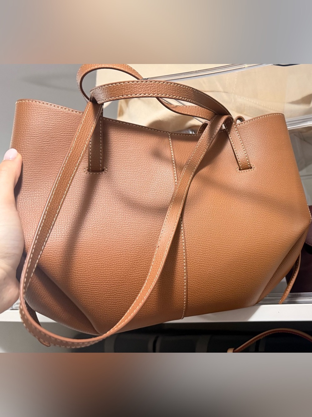 Polene cyme mini camel Womenβs Tan Leather Tote Bag - Brand Not Visible